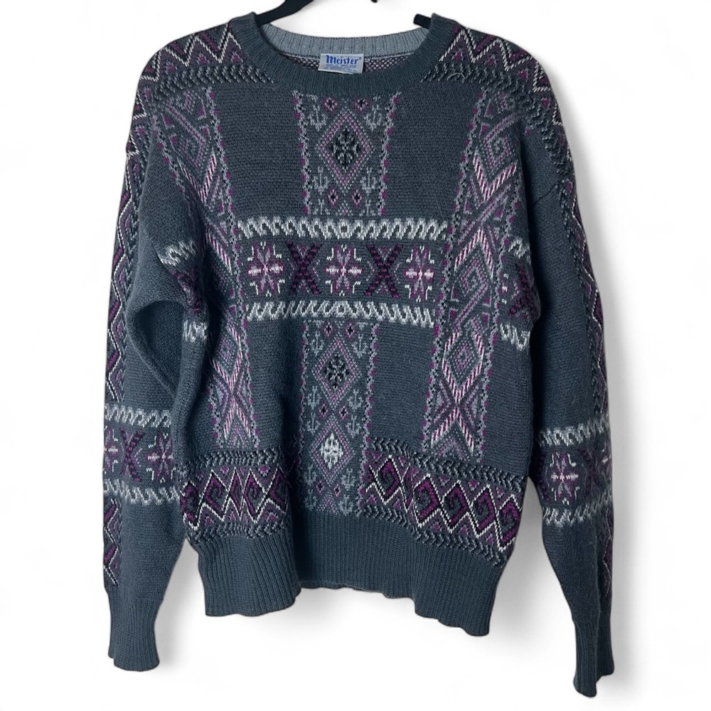 Meister - Vintage Crewneck Sweater Jumper Wool Blend Gray Purple Unisex - Sz. XL
